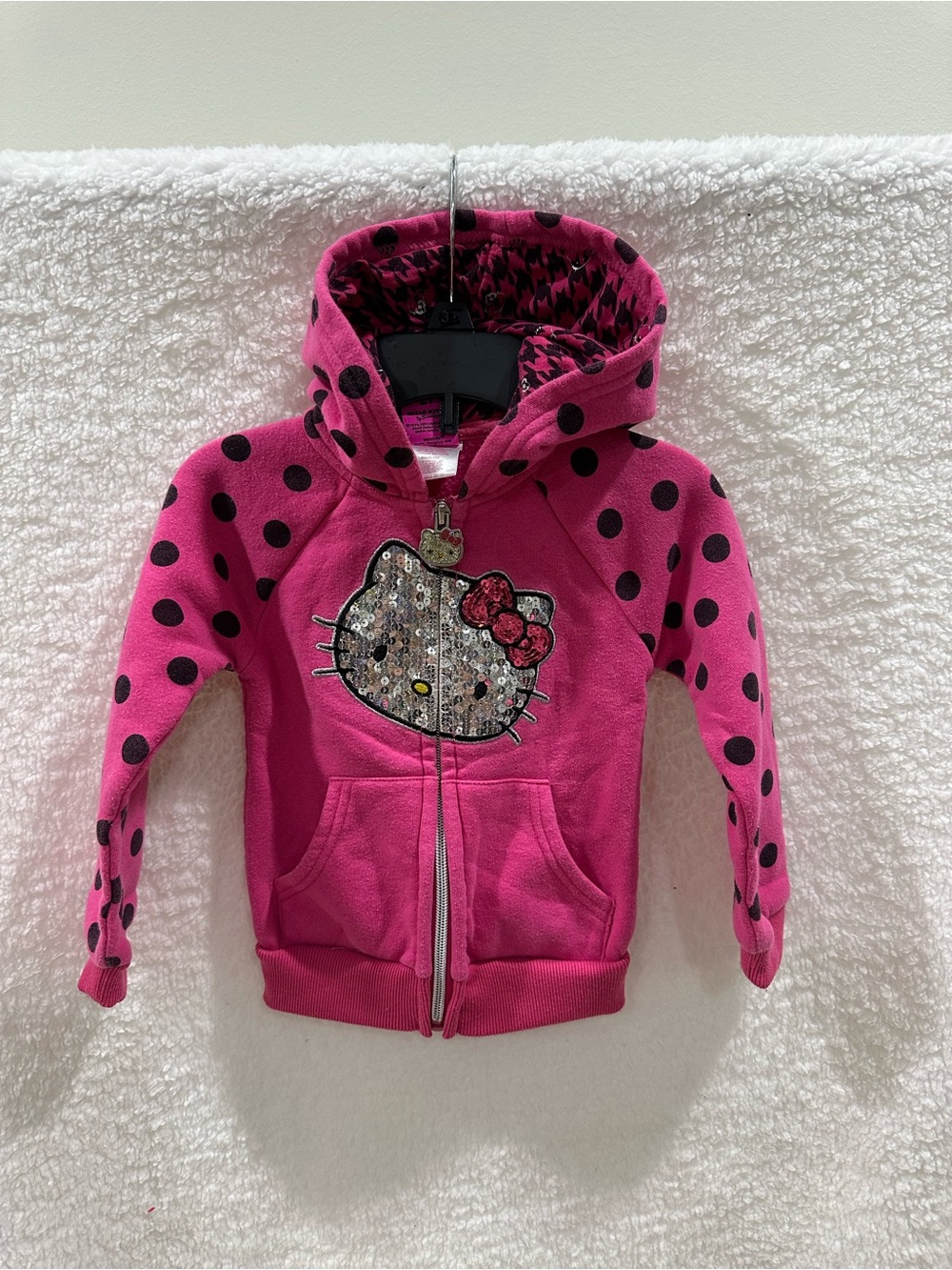 Girls Hello Kitty Pink Polka Dot Hooded Zip-Up Sweatshirt
